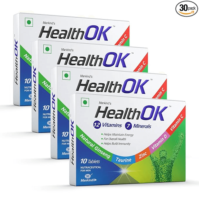 Health OK Multivitamin with Natural Ginseng Taurine power Daily Energy alertness Vitamin D C & other 17 multivitamins minerals for Overall Health 10 Tablets x Pack of 4 - Nutrition and Fitness Supplements | Buy online on ZillyBuy