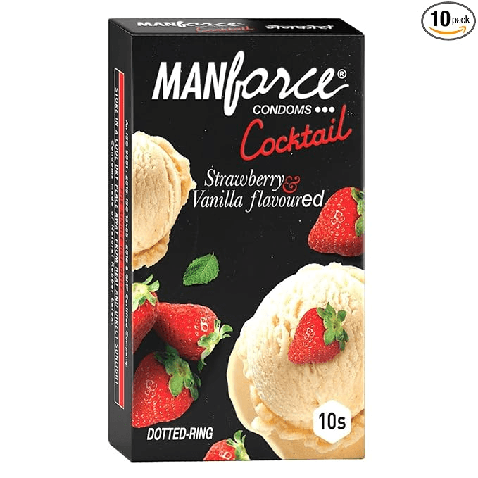 Manforce Cocktail Condoms (Dotted-Rings) Strawberry & Vanilla Flavoured- 10 Pieces - Sexual Wellness | Buy online on ZillyBuy