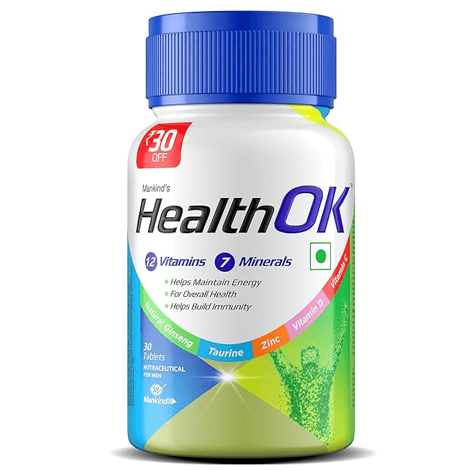 Mankind Health Ok Multi Vitamin Multimineral Amino Acids with Ginseng Extract Zinc Vitamin C & Vitamin D for Men for Daily Energy Overall Health Immunity and Mental Alertness 30 Tablets - Nutrition and Fitness Supplements | Buy online on ZillyBuy