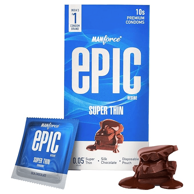 Manforce Epic Desire Super Thin Silk Chocolate Flavoured Premium Condoms with Disposable Pouch- 10 Counts - Sexual Wellness | Buy online on ZillyBuy