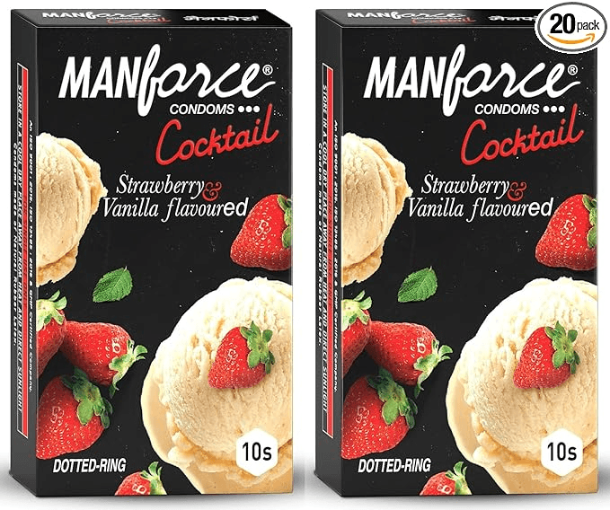 MANFORCE Cocktail Condoms with Dotted-Rings Strawberry & Vanilla Flavoured- 10 Pieces x Pack of 2 Condom (Set of 2 20 Sheets) - Sexual Wellness | Buy online on ZillyBuy