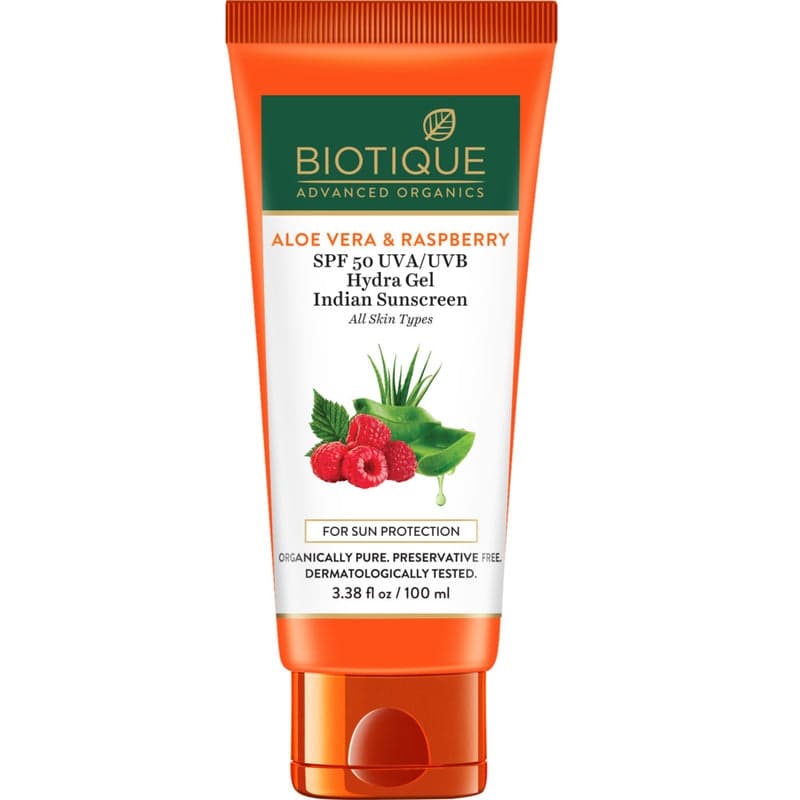 Biotique Aloe Vera & Raspberry SPF 50 Hydra Gel Indian Sunscreen 100g - Skin Care - Lotions, Moisturisers, and Creams | Buy online on ZillyBuy