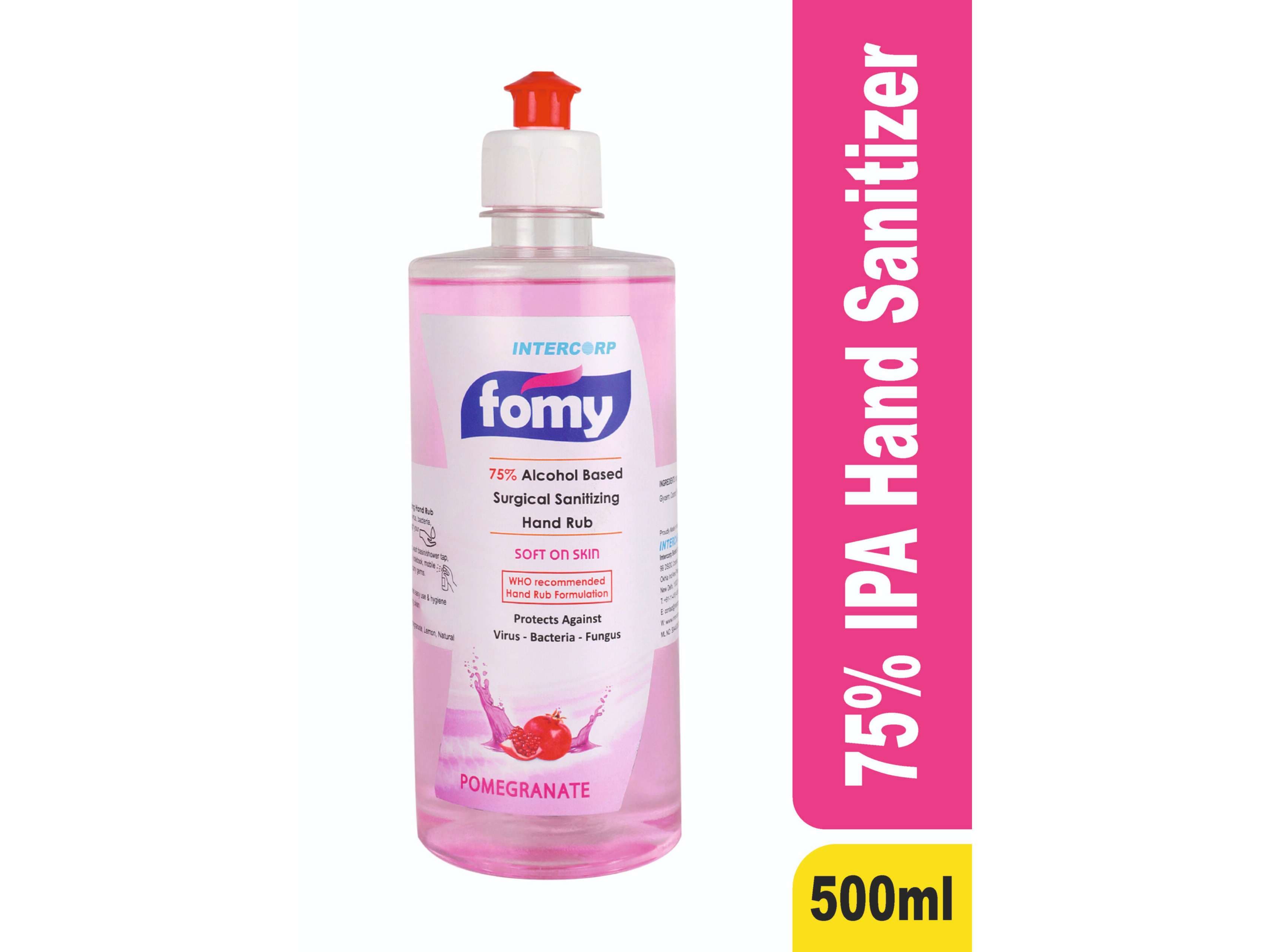 Intercorp Fomy 75% Isopropyl Alcohol-based Hand Rub Sanitizer and Disinfectant - 500ml (Pomegranate) - Sanitizers | Buy online on ZillyBuy