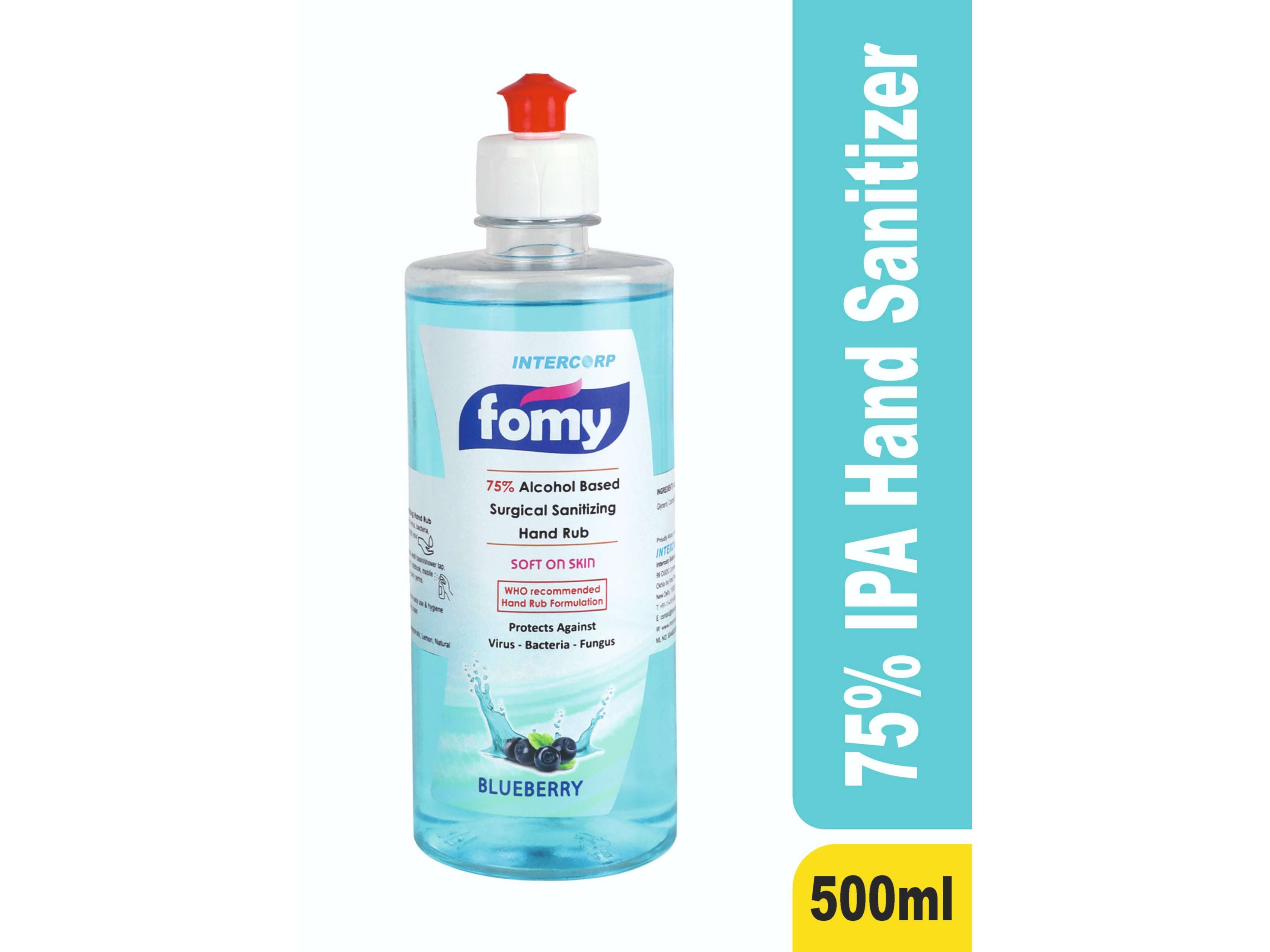 Intercorp Fomy 75% Isopropyl Alcohol-based Hand Rub Sanitizer and Disinfectant - 500ml (Blueberry) - Sanitizers | Buy online on ZillyBuy
