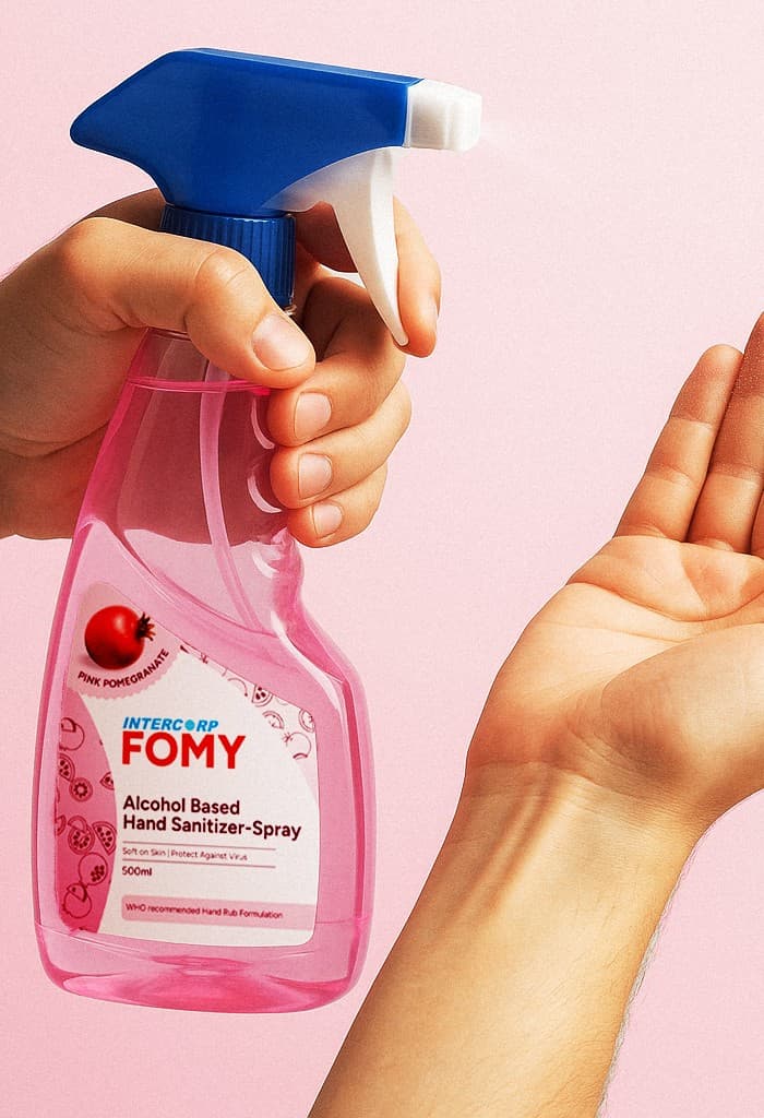 Intercorp Fomy 75% Isopropyl Alcohol-based Hand Rub Sanitizer and Disinfectant Spray - 500ml (Pomegranate) - Sanitizers | Buy online on ZillyBuy