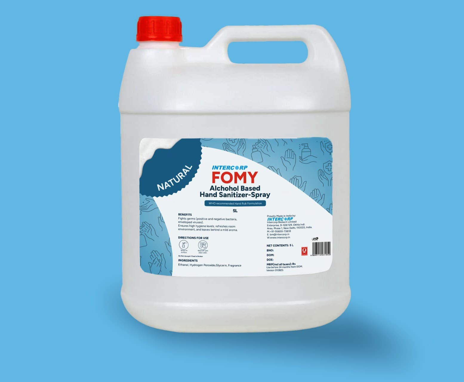 Intercorp Fomy 75% Isopropyl Alcohol-based Hand Rub Sanitizer and Disinfectant, Jumbo Saver Pack - 5 Litre (Natural) - Sanitizers | Buy online on ZillyBuy