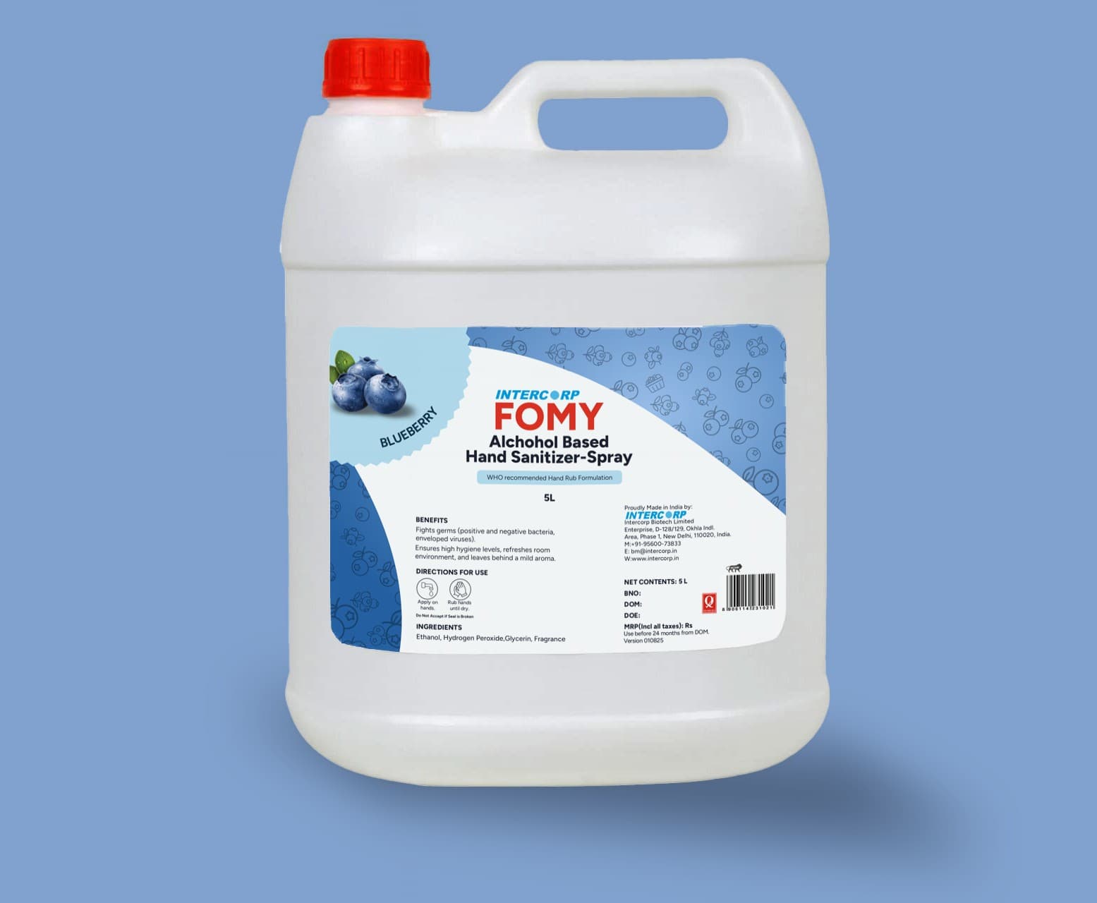Intercorp Fomy 75% Isopropyl Alcohol-based Hand Rub Sanitizer and Disinfectant, Jumbo Saver Pack - 5 Litre (Blueberry) - Sanitizers | Buy online on ZillyBuy