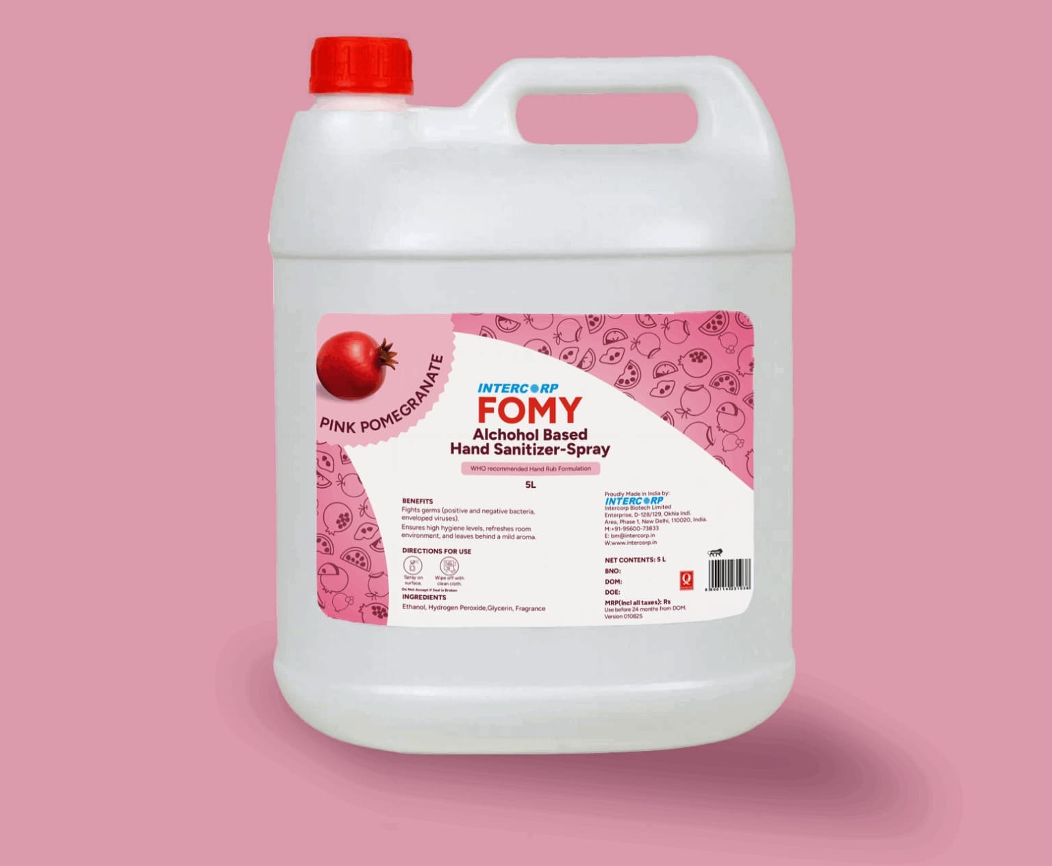 Intercorp Fomy 75% Isopropyl Alcohol-based Hand Rub Sanitizer and Disinfectant, Jumbo Saver Pack - 5 Litre (Pomegranate) - Sanitizers | Buy online on ZillyBuy