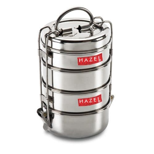 HAZEL Stainless Steel Stackable Tiffin Box , 4 Tier Compartment Traditional Tiffin Dabba , Steel Lunch Box with Handle for Office - Kitchen Storage and Containers | Buy online on ZillyBuy