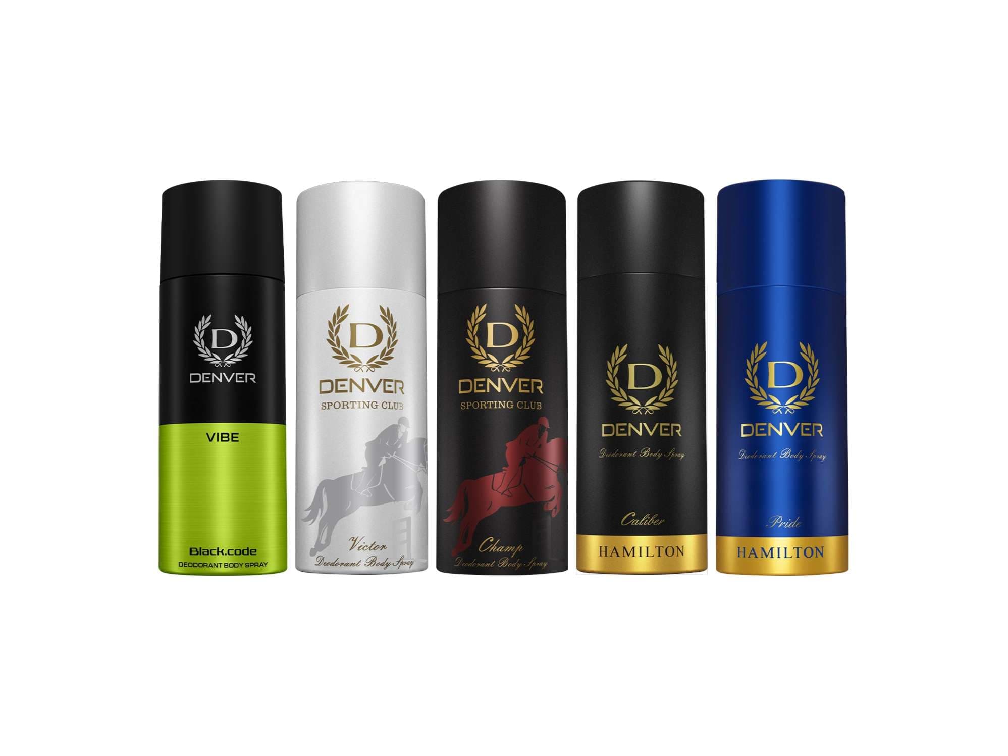 Denver Pack of 5 Deos (Vibe 150ml + Victor 165ml + Champ 165ml + Caliber 150ml + Pride 150ml) - Fragrance | Buy online on ZillyBuy