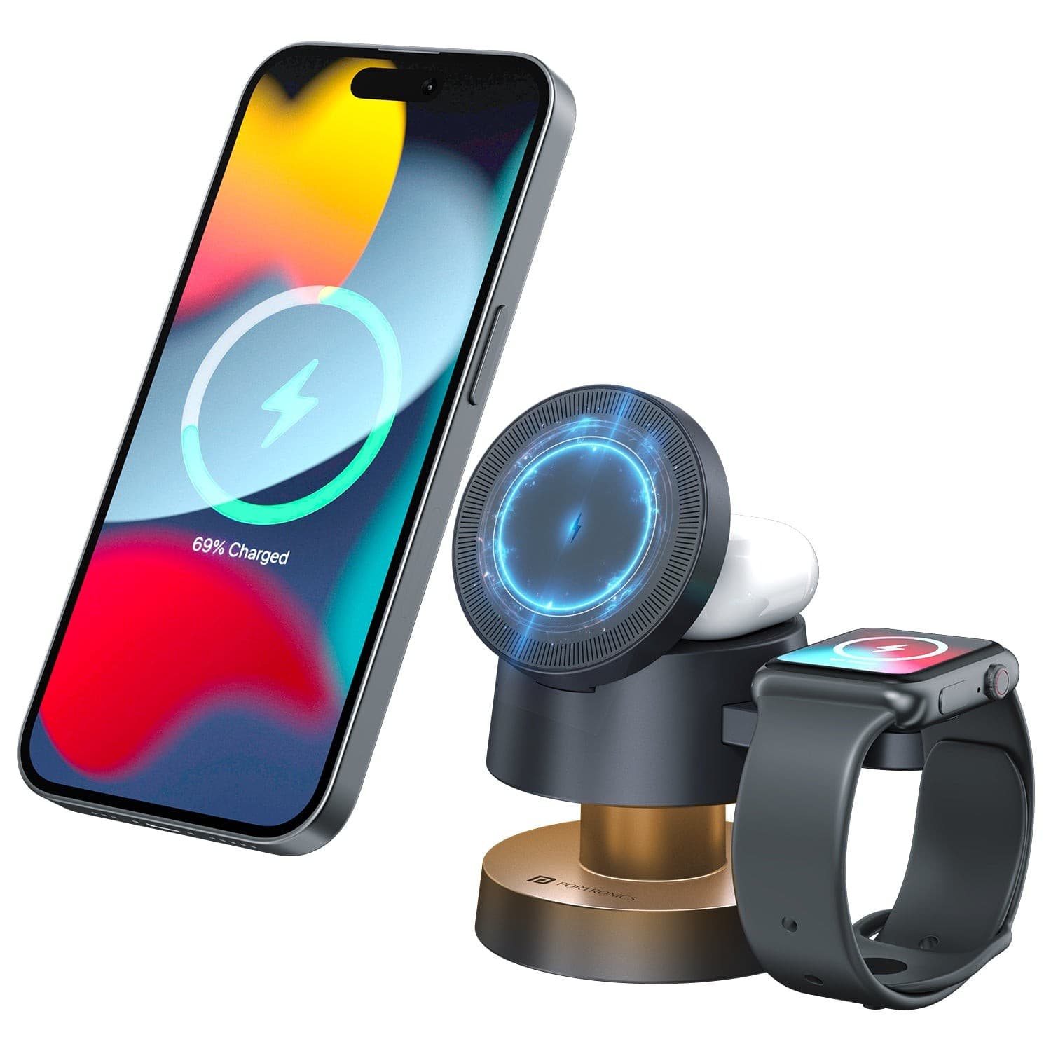 Portronics TriCharge 4-in-1 Fast Charging Wireless Charger for iPhone with Night Lamp, Wireless Charging for Airpods & Apple Watch, MagSafe Compatible, for iPhone - Charger | Buy online on ZillyBuy