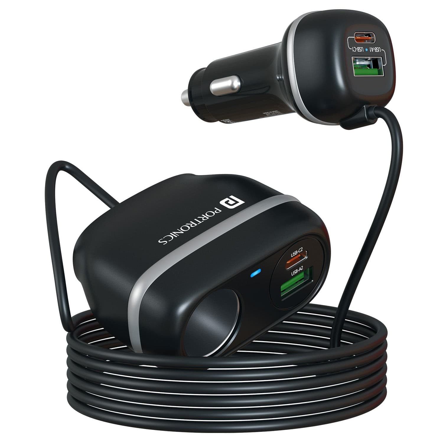 Portronics Car Power Trail 4 Ports Car Charger, Dual 30W Type-C PD, Dual 22.5W USB-A, Front & Back Seat Charging with Extra Cigarette Lighter Socket - Charger | Buy online on ZillyBuy