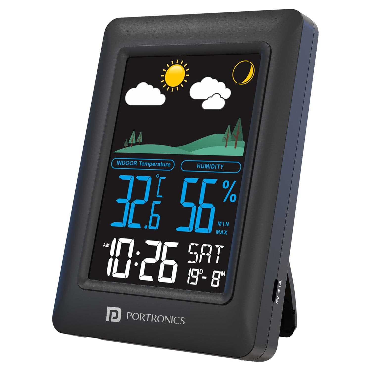 Portronics Meteo Indoor Weather Station LED Display Temperature & Humidity Monitor, Max/Min Records Alarm & Snooze, 12/24 Format - Black - Home Decor | Buy online on ZillyBuy