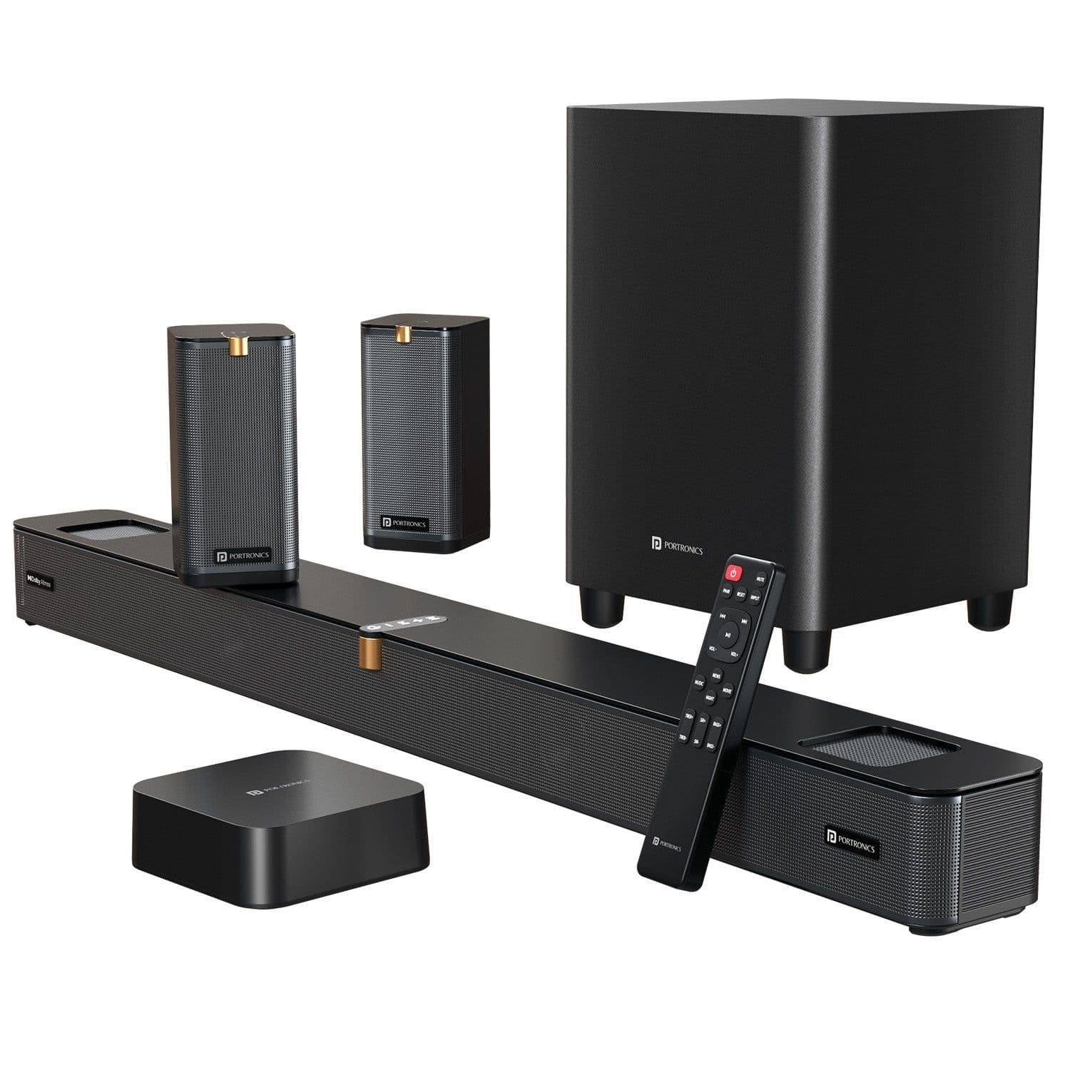 Portronics Sound Slick X1 600W 5.1.2 CH Dolby Atmos Soundbar Home Theatre with Wireless Satellite Speaker, Wired Subwoofer, Wide Comptability,HDMI ARC - Speaker | Buy online on ZillyBuy