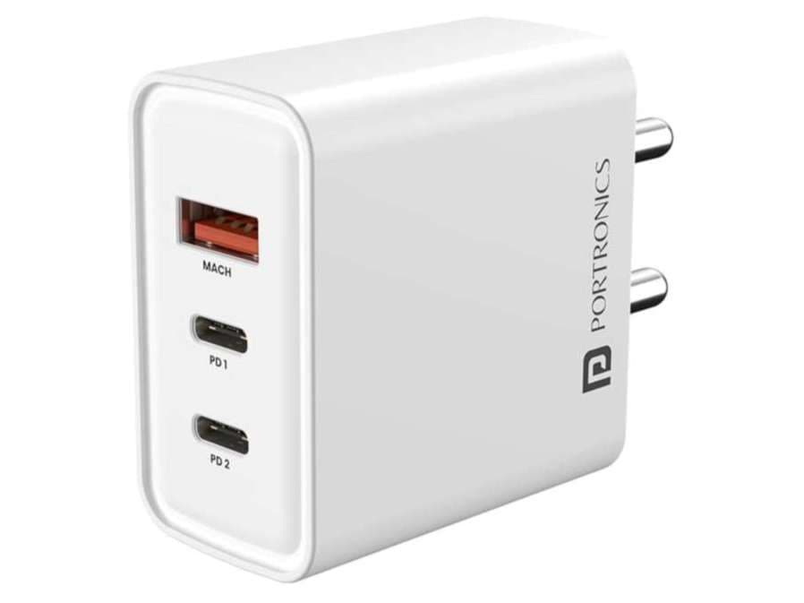Portronics Adapto 65M 2 X Type C PD Port , 1 X USB-A Port, 65W Laptop Charging, GaN Technology, PPS technology - White - Charger | Buy online on ZillyBuy