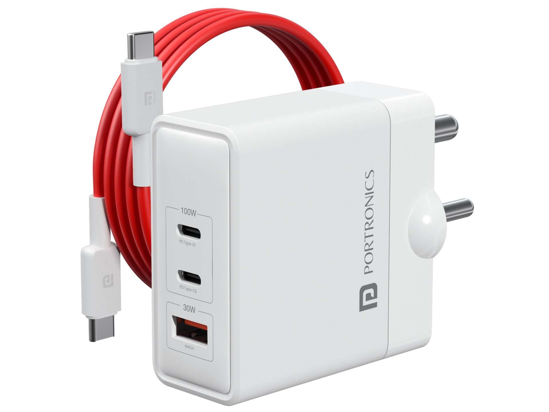 Portronics Adapto 100 Adapter, Charger, 2 Type C Port, 1 USB Port, Type C to Type C 100W Cable, GaN Technology, Best For Laptop, Smartphone Etc - Charger | Buy online on ZillyBuy