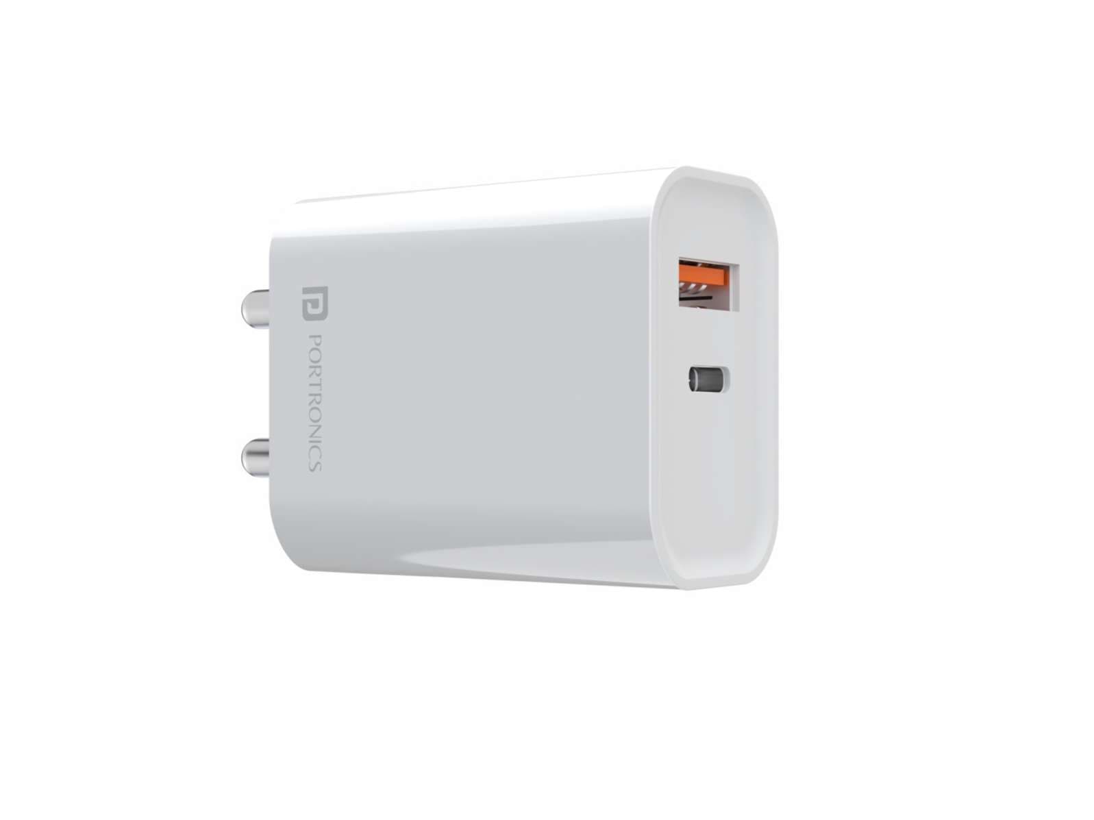 Portronics Adapto 45 22.5W Max Output USB & Type-C Dual Output Super Fast Charger,Wall Adapter Power Delivery 3.0& USB A Fast Charge Adaptor for iPhone,Android & Other Type C Enabled Devices - White - Charger | Buy online on ZillyBuy