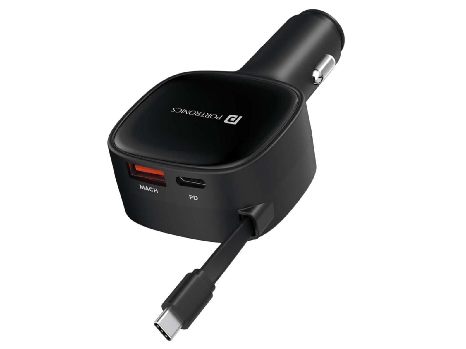 Portronics Car Power Retracto 84W Total Output, 18W USB Type-A, 33W Type-C, 33W Retractable Type-C Cable - Charger | Buy online on ZillyBuy