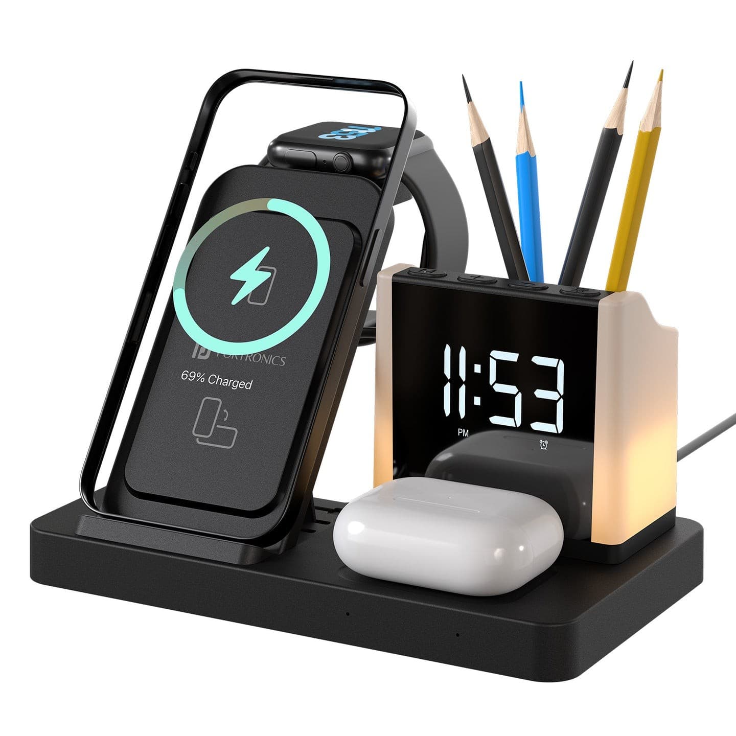 Portronics Hexacharge Wireless Charging, Digital Alarm Clock, Pen Stand, LED Lamp - Black - Home Decor | Buy online on ZillyBuy