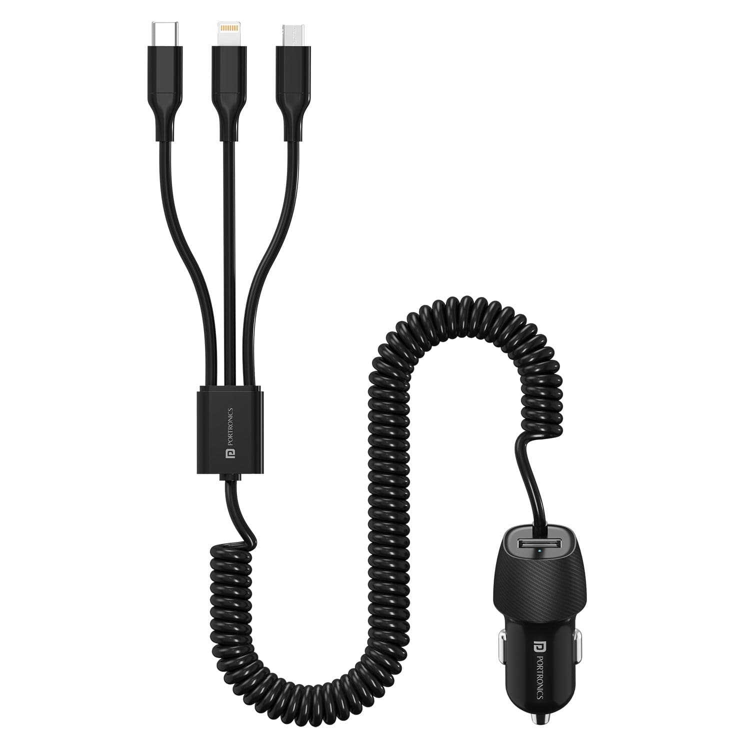 Portronics Car Power 3X, 12W 3-in-1 Coiled Cable (Type-C, Lightning, Micro-USB), 17W USB-A Port, Charge 4 Devices at Once, For Phones, Tablets, Earbuds & More - Charger | Buy online on ZillyBuy