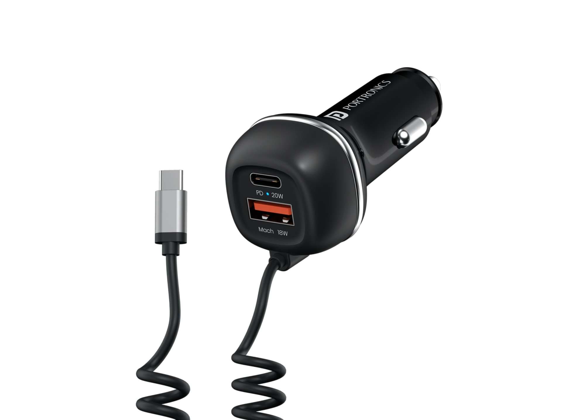 Portronics Car Power 1C Triple Output Fast Car Charger 71W with 33W Type-C Cable, 20W Type-C PD, 18W USB Port, iPhone & Android Smartphone Compatible - Charger | Buy online on ZillyBuy