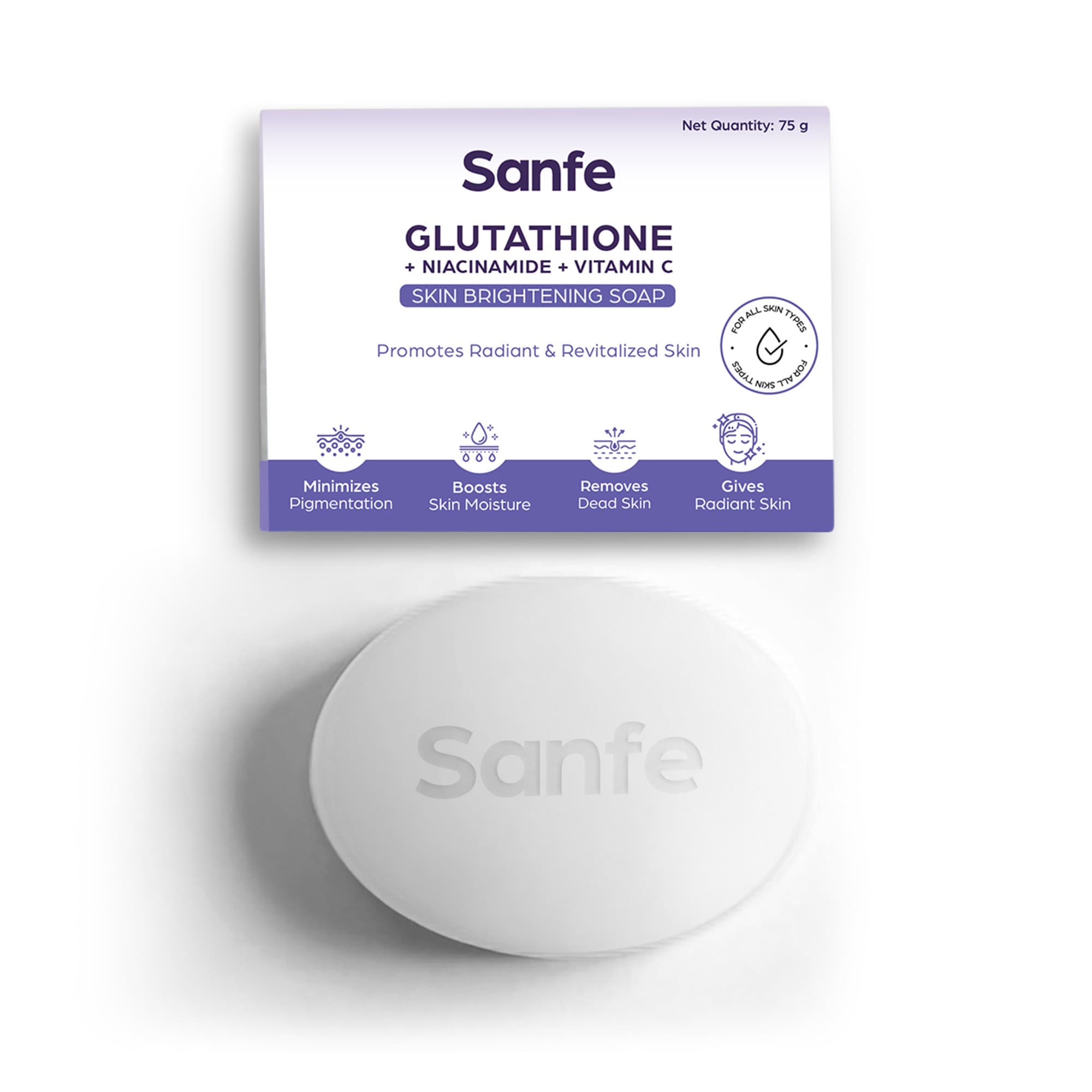 Sanfe Glutathione+Niacinamide+Vitamin C Brightening Soap, Hydrating, Minimizes pigmentation, Removes Dead Skin, Skin whitening soap for women and men, Tan Removal Hyperpigmentation & Glow 75gm - Bath Soaps and Gels | Buy online on ZillyBuy