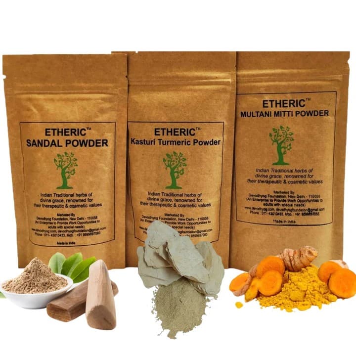 Etheric Glowing Skin Pack (Sandal+Kasturi Turmeric+Multani Mitti) For making skin fair & Acne treatment (75X3 gm) - Skin Care - Lotions, Moisturisers, and Creams | Buy online on ZillyBuy