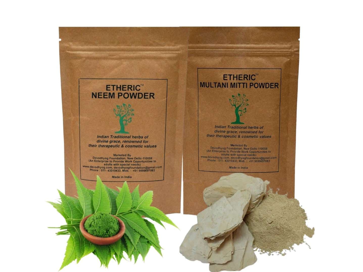 Etheric Neem Powder & Multani Mitti Powder for Skin Tanning, SunBurn & Ghamoriya (100X2 gm) - Skin Care - Face Cleansers | Buy online on ZillyBuy