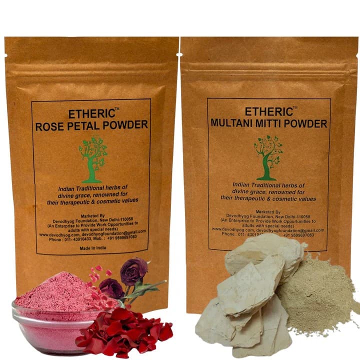 Etheric Rose Petal & Multani mitti Powder Combo -200g(100g x 2 Pack), Multani Mitti Powder for Skin Care, Rose Powder for Tanning & Glowing Skin, Face mask & Skin Whitening Face Pack - Skin Care - Face Cleansers | Buy online on ZillyBuy