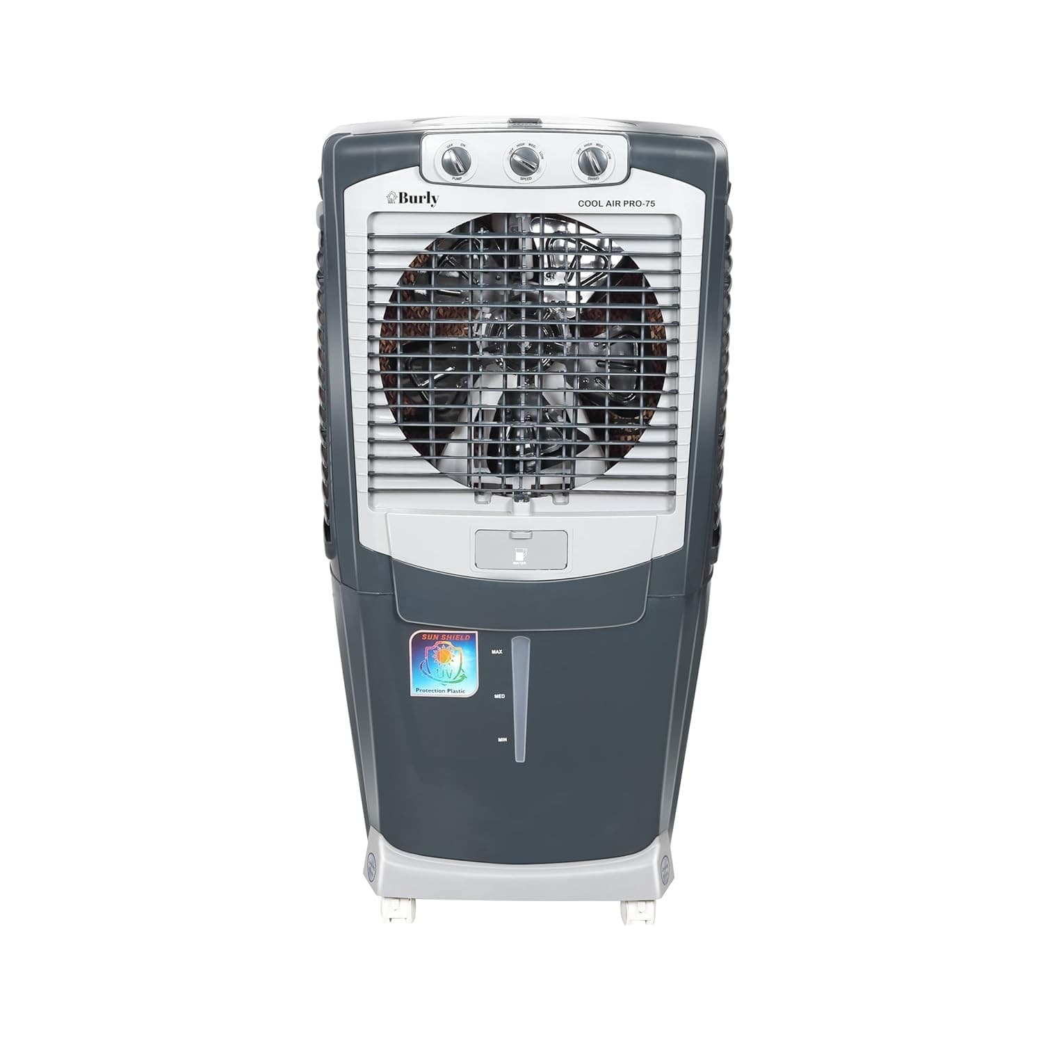 BHABURLY Burly Coolair Pro 75 Ltr Desert Portable Cooler With Anti Bacterial Honeycomb, Auto Refill Powerfull Motor, Auto Swing & Castor Wheel- Grey - Air Cooler | Buy online on ZillyBuy