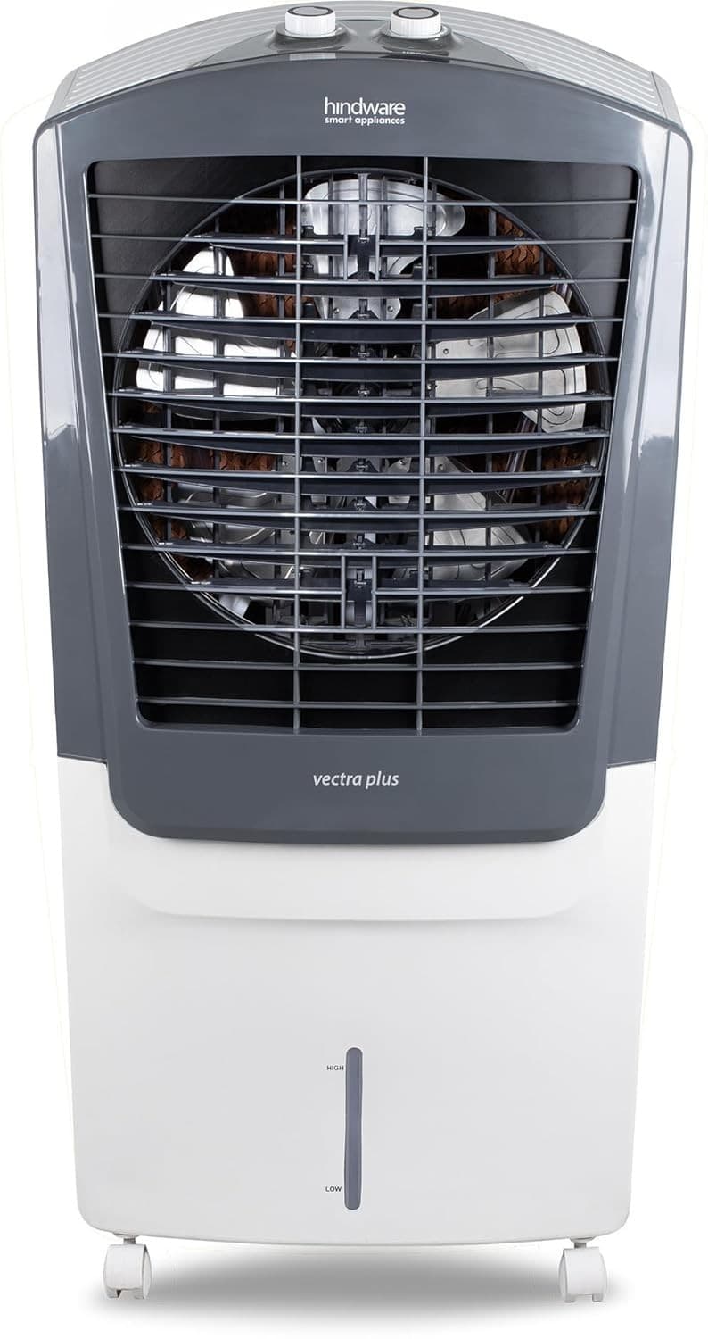 Hindware Smart Appliances Vectra Plus 70L, Desert Air Cooler with Woodwool Pads, Inverter Compatible, Castor wheels and motorized air flow control & High Air Delivery - White & Grey - Air Cooler | Buy online on ZillyBuy