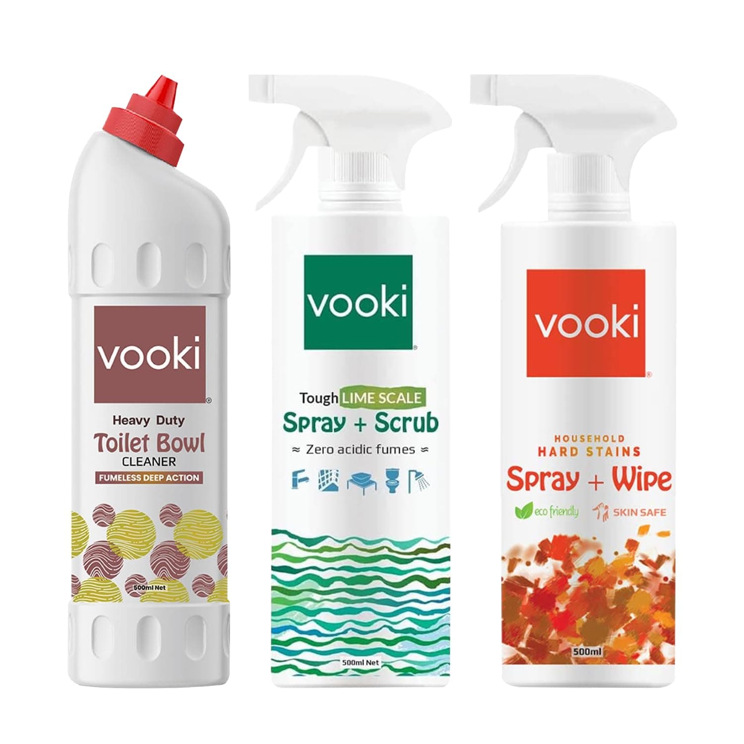 Vooki Heavy Duty Toilet Bowl Cleaner 500 ml, Ecofriendly Tough Lime Scale Hard Water Stain Remover 500 ml And Ecofriendly Hard Stains Spray 500 ml - (Combo Pack of 3) - Bins and Bathroom | Buy online on ZillyBuy