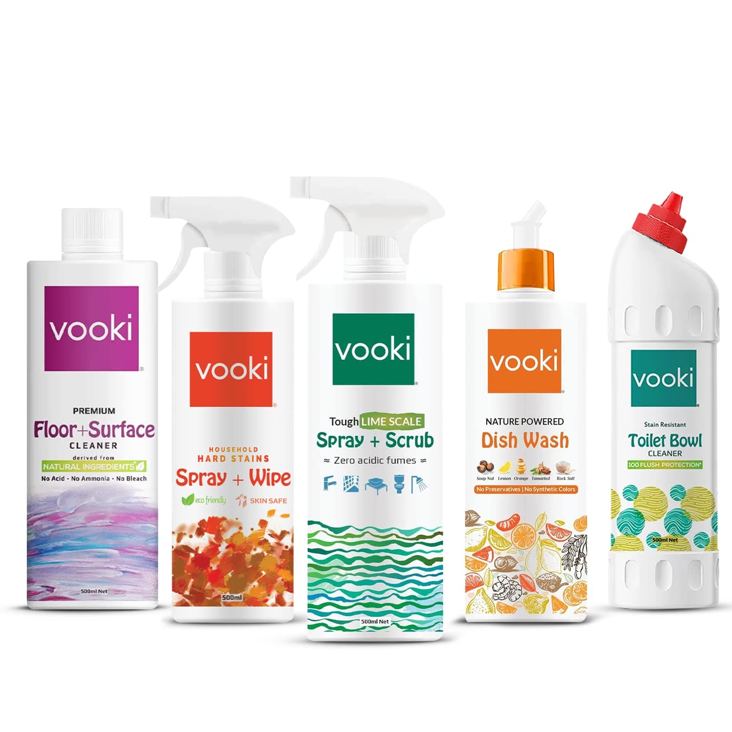 Vooki Ecofriendly Dish wash liquid, Floor Surface Cleaner, Toilet Bowl Cleaner, Lime Scale remover, Hard Stains Spray & Wipe - 2500 ml (Combo Pack of 5)… - Bins and Bathroom | Buy online on ZillyBuy