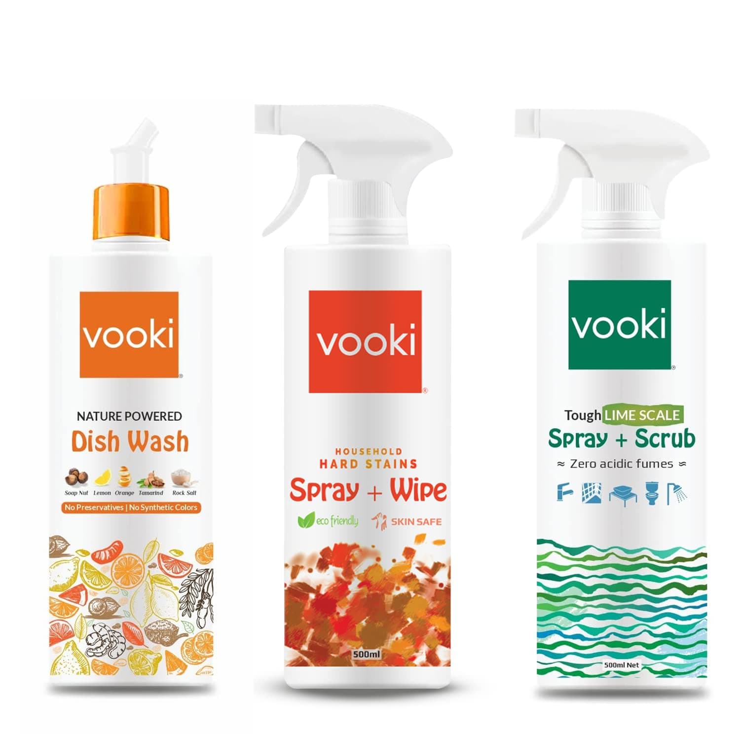 Vooki Nature Powered Natural Dish Wash Gel, Ecofriendly Hard Stains Spray and Tough Lime Scale Stain Descaler Remover Spray, 500 Ml Each - (Combo Pack of 3)… - Bins and Bathroom | Buy online on ZillyBuy