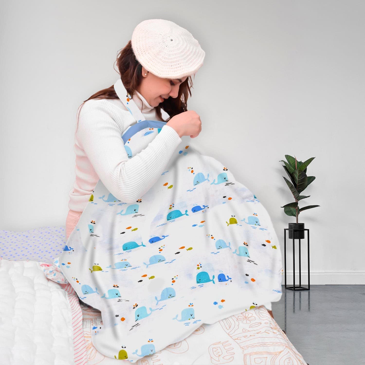 organic cotton muslin nursing cover for breastfeeding feeding apron blue whale