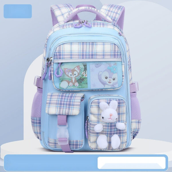 Cute Pastel Plaid Backpack with Plush Bunny Charm
