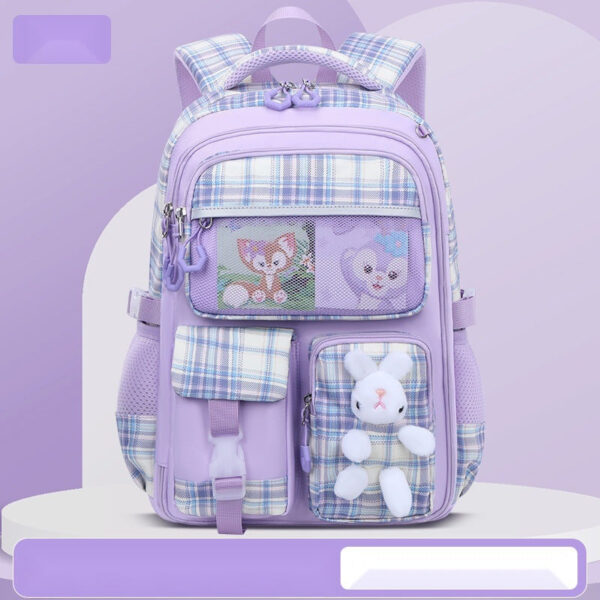 Cute Pastel Plaid Backpack with Plush Bunny Charm