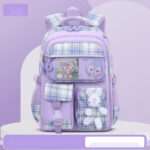 Cute Pastel Plaid Backpack with Plush Bunny Charm