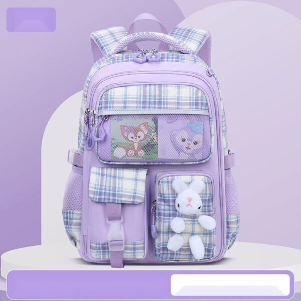 Cute Pastel Plaid Backpack with Plush Bunny Charm