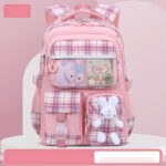 Cute Pastel Plaid Backpack with Plush Bunny Charm