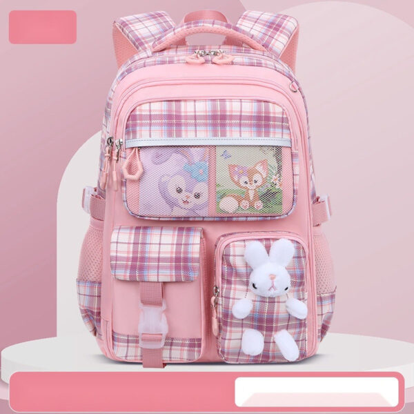 Cute Pastel Plaid Backpack with Plush Bunny Charm