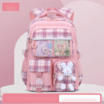 Cute Pastel Plaid Backpack with Plush Bunny Charm