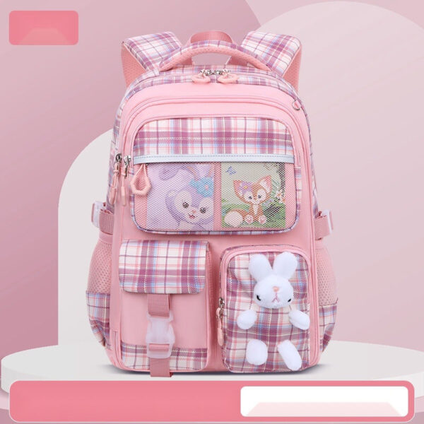 Cute Pastel Plaid Backpack with Plush Bunny Charm