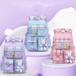Cute Pastel Plaid Backpack with Plush Bunny Charm