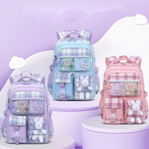 Cute Pastel Plaid Backpack with Plush Bunny Charm