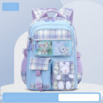 Cute Pastel Plaid Backpack with Plush Bunny Charm