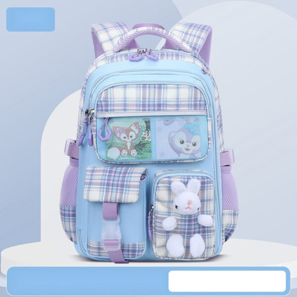 Cute Pastel Plaid Backpack with Plush Bunny Charm