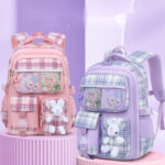 Cute Pastel Plaid Backpack with Plush Bunny Charm