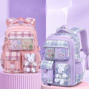 Cute Pastel Plaid Backpack with Plush Bunny Charm