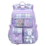 Cute Pastel Plaid Backpack with Plush Bunny Charm
